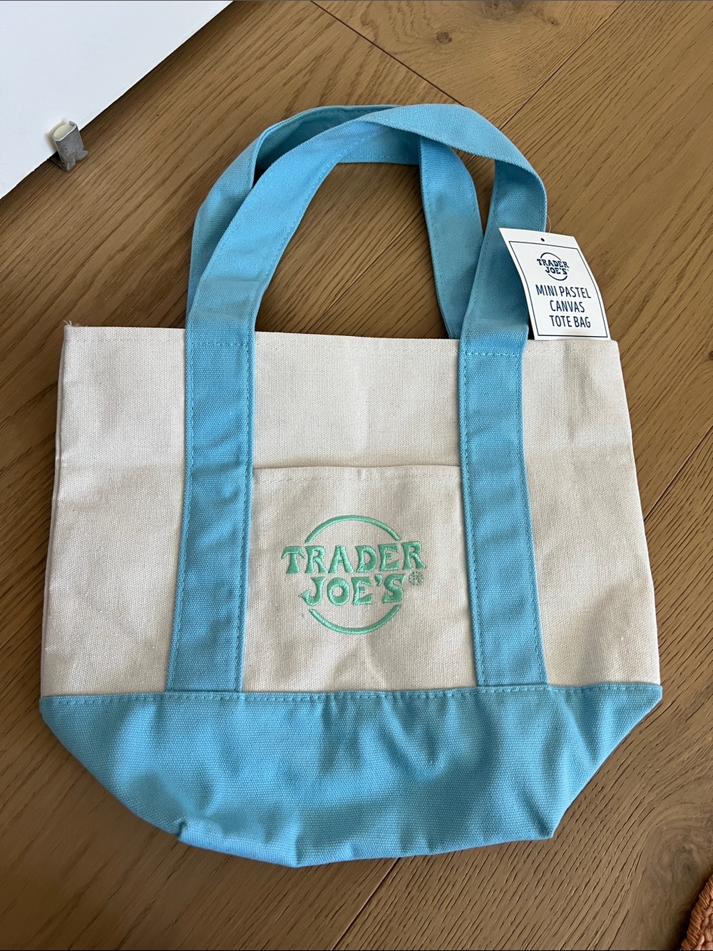 Trader Joe's Mini Pastel Canvas Tote Bag in Light Blue & Cream